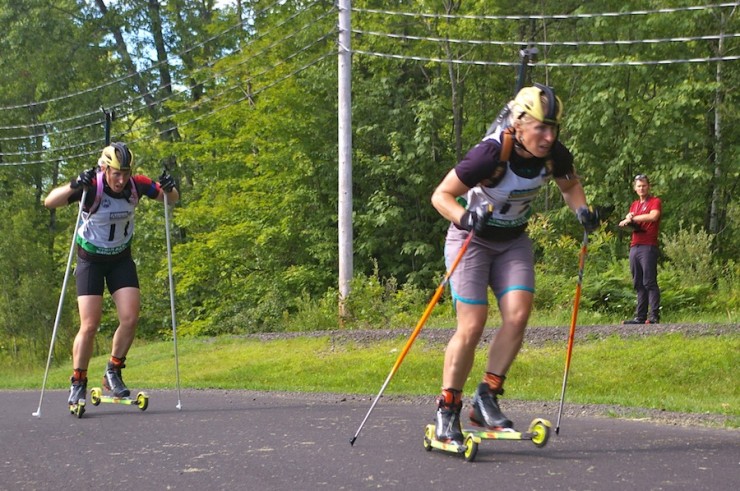 Tracy (r) and Lanny Barnes skiing together into the finish of the 2013 North American Biathlon Rollerski Championships 7.5 k sprint last weekend in Jericho, Vt.