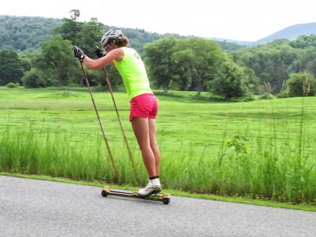Caitlin Patterson of the Craftsbury Green Racing Project double poles during a recent rollerski workout. (Photo: Judy Geer)