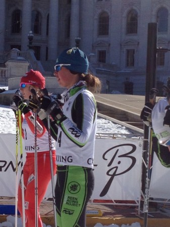 Caitlin Patterson and Jennie Bender before the start of the skate sprint A final of the 2013 Madison (WI) City Sprints. (Photo: Suzanne Wolf)