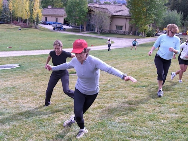 Susan Usher (front), Julie Moses (l) and Christine Davis Jeffers (r) of the Vamps masters program work some dryland drills at River Run in Ketchum, Idaho. (Photo: Muffy Ritz)