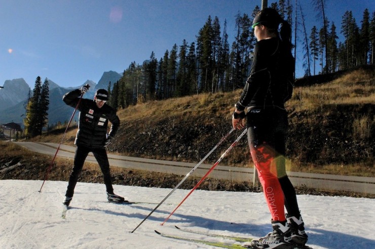 Canadian National Team Head Coach Justin Wadsworth works on offset with development skier Jenn Jackson. (Photo: Pavlina Sudrich)