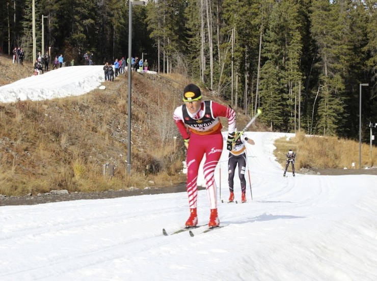 Katerina Smutna of Austria leading the women's A-final at the Frozen Thunder classic sprint on Thursday in Canmore, Alberta. U.S. Ski Team members Ida Sargent and Sophie Caldwell chase to finish second and third, respectively. (Photo: Pavlina Sudrich)