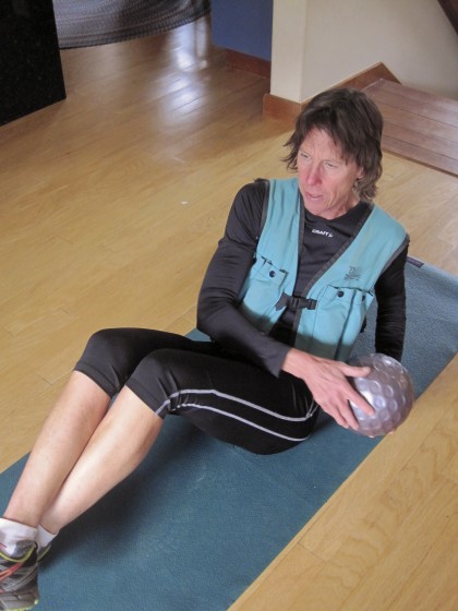 Nancy Fiddler works on balance and core with her trusty weight vest. 