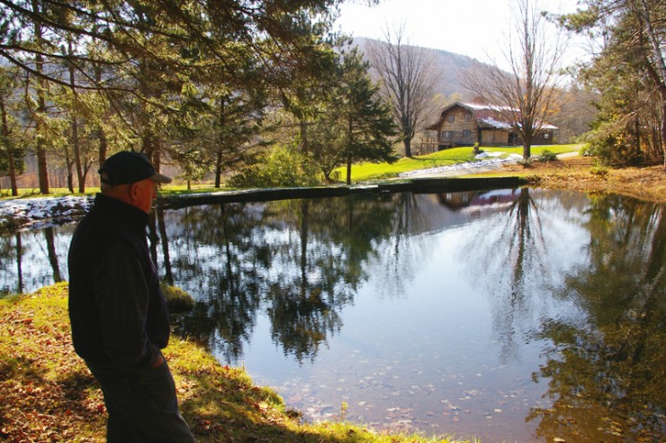 Gallagher beside his heart-shaped pond, where he married his wife Tyna, at their home in Pittsfield, Vt. Gallagher gave FasterSkier a tour of his 50-acre property in November 2011.