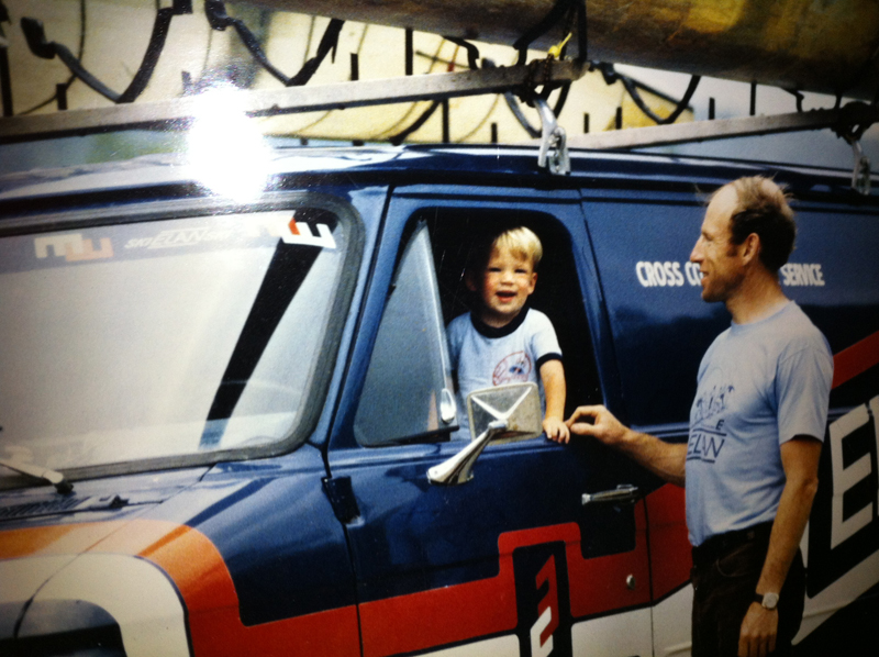Gallagher (r) with his son, Jesse, in his Elan work van. (Photo: Mike Gallagher)