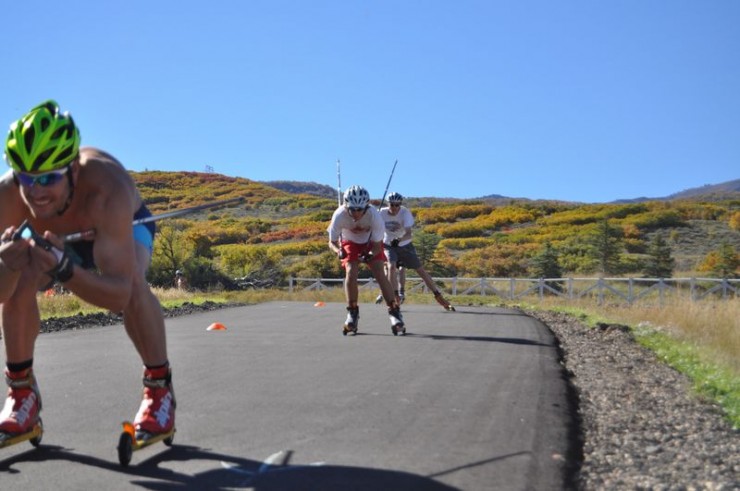Simi Hamilton (l) leads junior boys through some tucking action at the inaugural U.S. Ski Team Speed Camp at Soldier Hollow. (Photo: Jason Cork/USST)