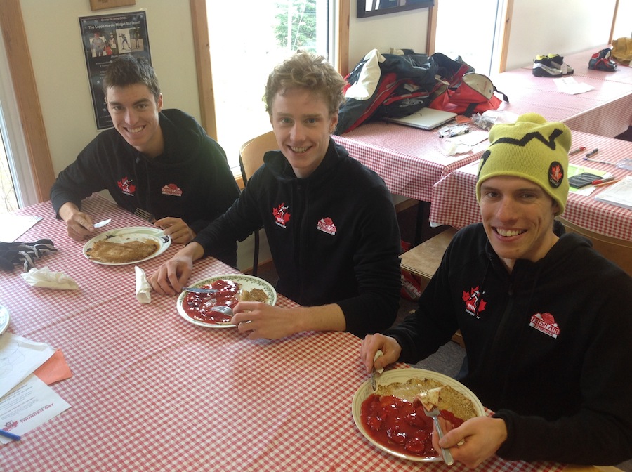 NDC Thunder Bay skiers Jack Carlyle, Scott Hill and Andy Shields (not in order) enjoy the fruits of their efforts after become three of seven men to break the 1:20 time-trial threshold on Friday. (Photo: Timo Puiras)