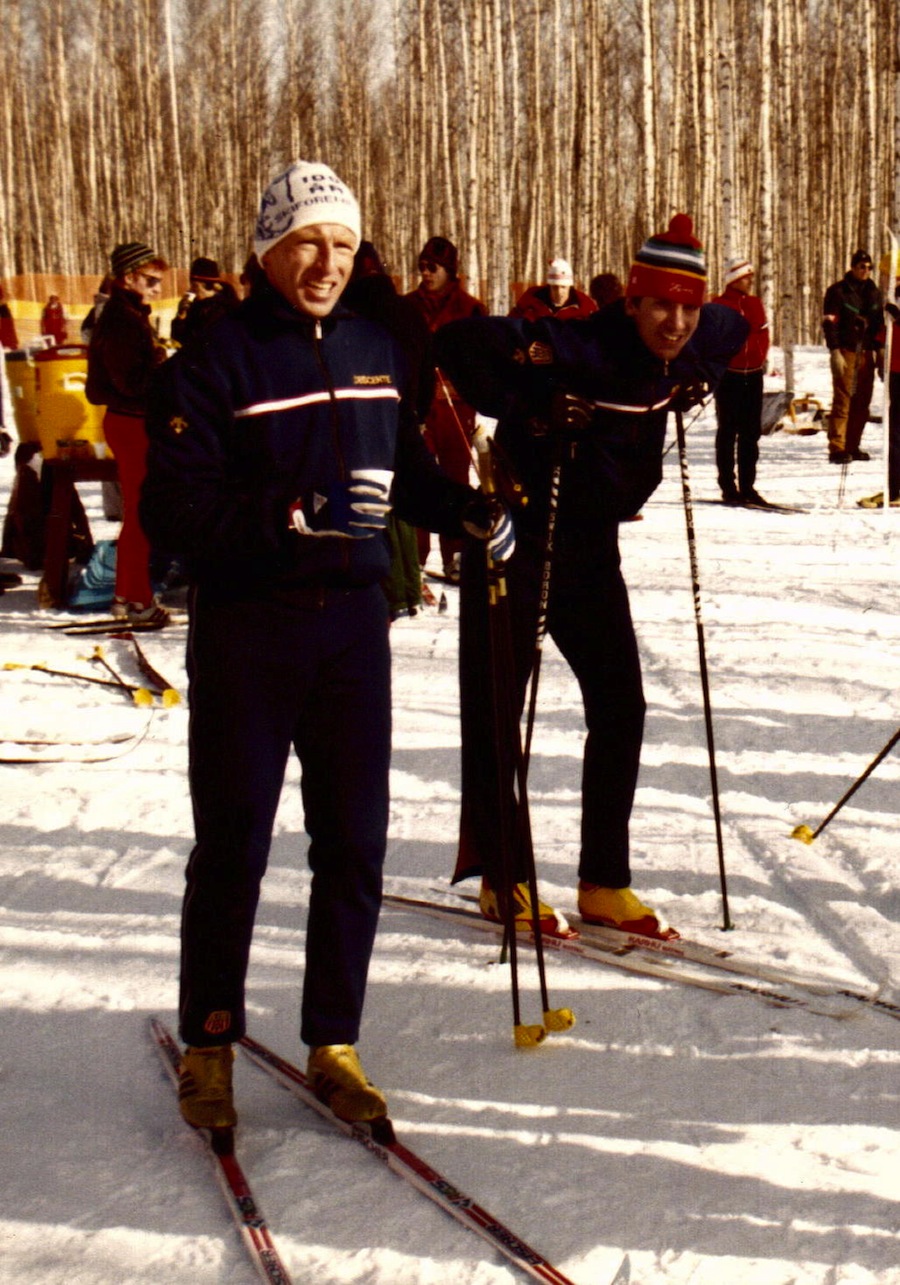Former U.S. Ski Team head coach Mike Gallagher with one of his athletes, Jim Galanes, after a 1984 World Cup race. (Photo: Mal Lockwood)