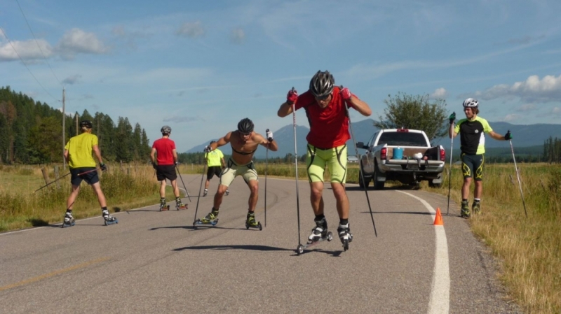 Alberta World Cup Academy skier Patrick Stewart-Jones leads teammate Phil Widmer in some quick sprints during a dryland camp in Whitefish, Montana, this summer. (Photo: AWCA)