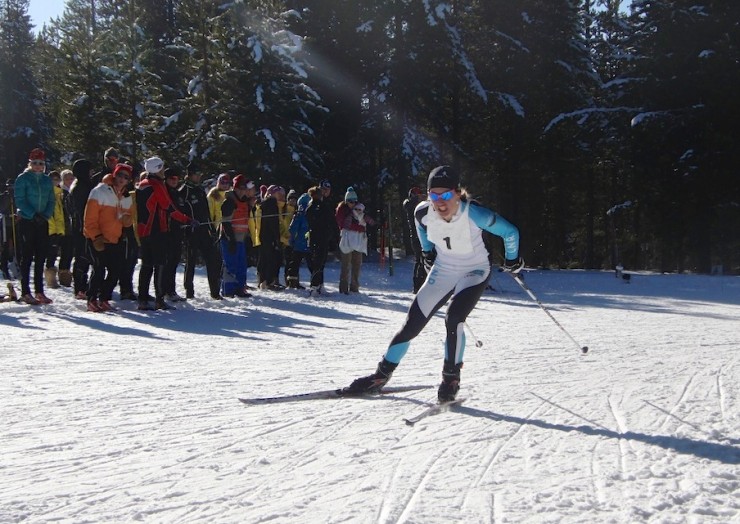 Caitiln Gregg (Madshus/Team Gregg) rounding the final corner into the stadium at the Rendezvous Ski Trails to win Friday's 1.3 k skate sprint, the first SuperTour race of the 2013/2014 season, in West Yellowstone, Mont.