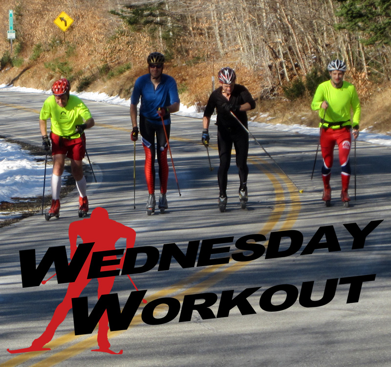 Tim Caldwell, Shams Helminski, Chris Osgood, and Brayton Osgood head up Route 118 in New Hampshire during their 60 k rollerski on Nov. 16 to celebrate Chris’ 60th birthday. (Photo: Mary Osgood)