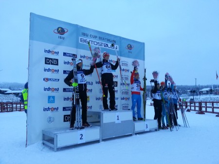 Brendan Green (left) on the podium in Beitostolen, Norway, after placing second in the men's 20k individual IBU Cup. Photo: Roddy Ward.