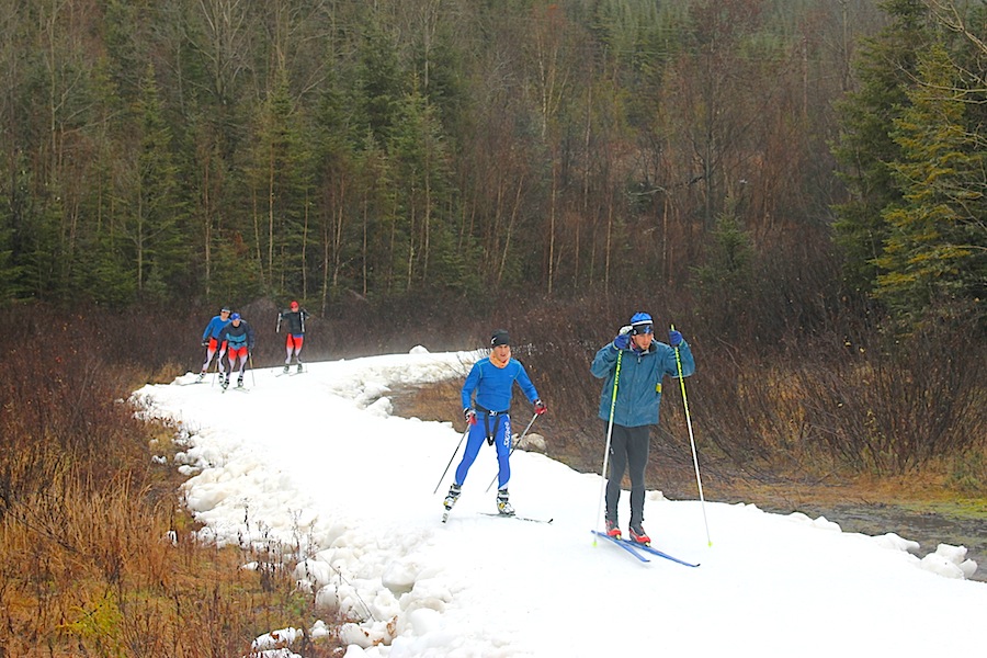 Félix Bérubé-Larochelle of Quebec's biathlon team leads skiers along the 1.3 k manmade loop at La Foret Montmorency north of Quebec City on Nov. 1.