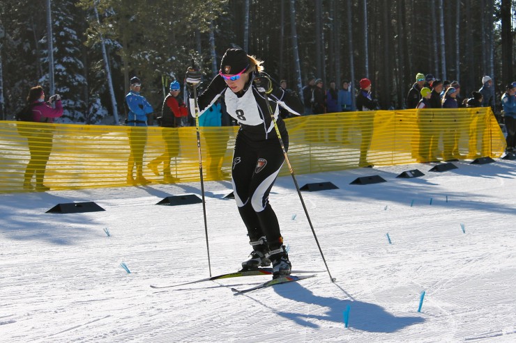 Jennie Bender (BSF) racing to a quarterfinal win in Friday's West Yellowstone SuperTour 1.3 k skate sprint. She went on to place second in the final to Caitlin Gregg (Madshus/Team Gregg).