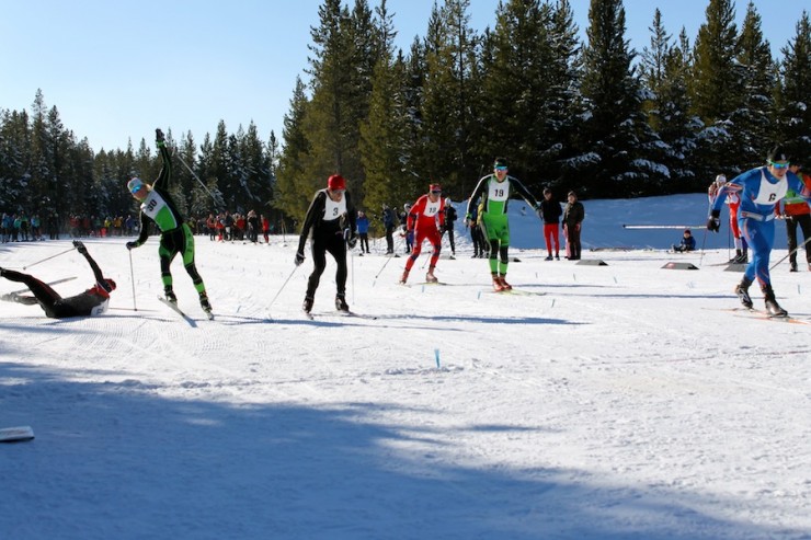 Craftsbury's Pat O'Brien (second from l) and Pierre Guedon of the University of Denver (l) crashed just meters before the finish line in Friday's SuperTour 1.3 k skate sprint semifinal in West Yellowstone, Mont.