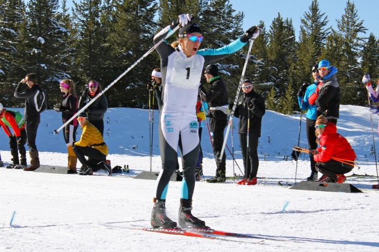 Caitlin Gregg (Madshus/Team Gregg) celebrates a big opening win at the West Yellowstone SuperTour 1.3 k skate sprint.