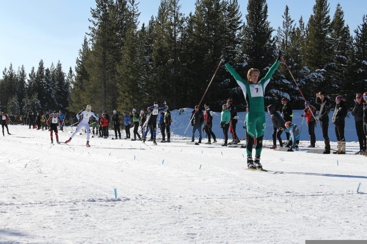 Emil Johansson of Sweden's IK Jarl Rättvik celebrates his decisive victory in the West Yellowstone SuperTour 1.3-kilometer skate sprint on Friday. The seventh-fastest qualifier, Johansson went on to beat qualifying winner Ryan Scott  of SSCV/TeamHomeGrown (in white) and Reese Hanneman of APU, second from r. Hanneman outlunged Scott for second. 