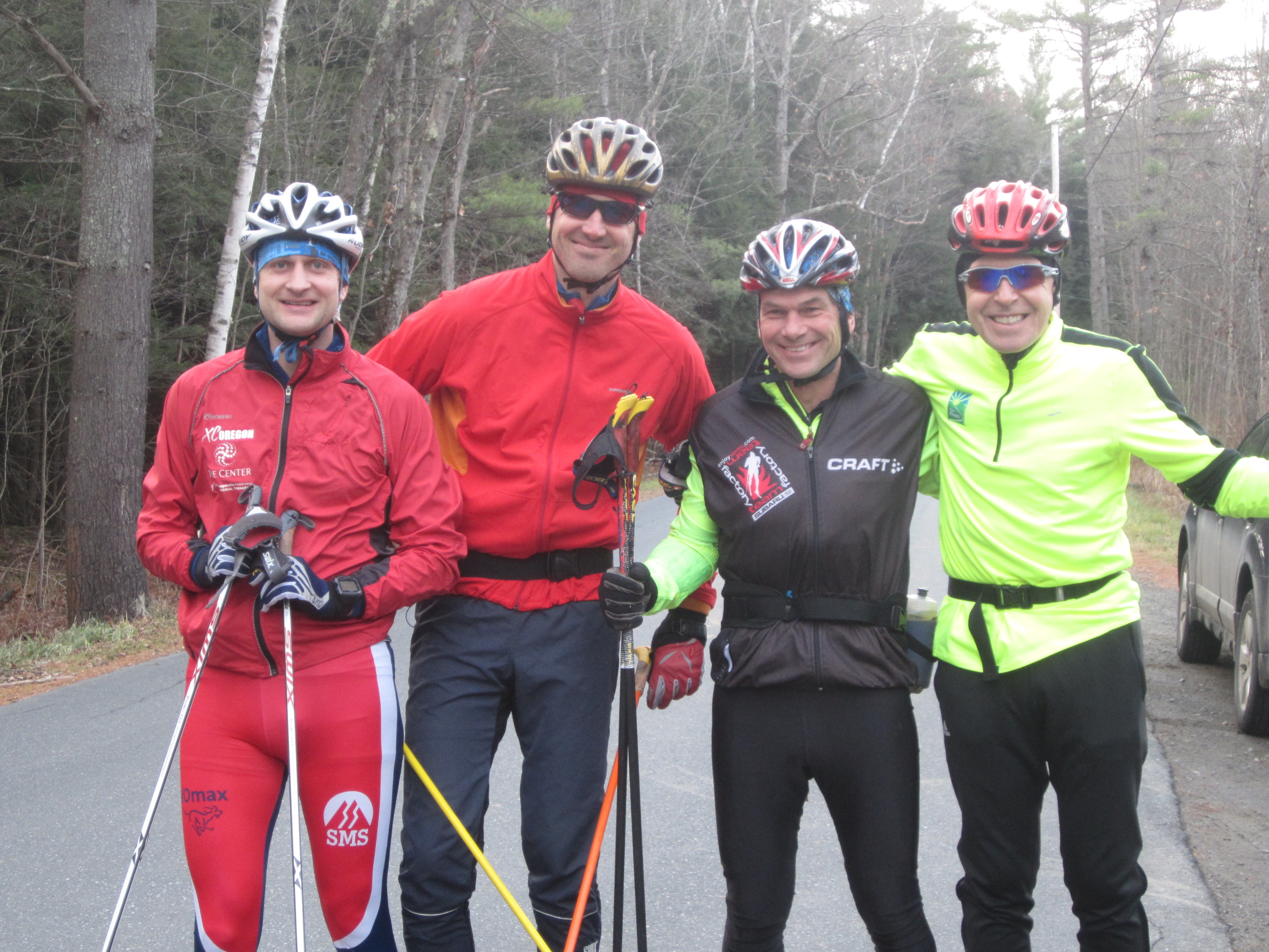 Brayton Osgood, Shams Helminski, Chris Osgood, and Tim Caldwell in the middle of Chris' 60k birthday ski (Photo: Mary Osgood) 