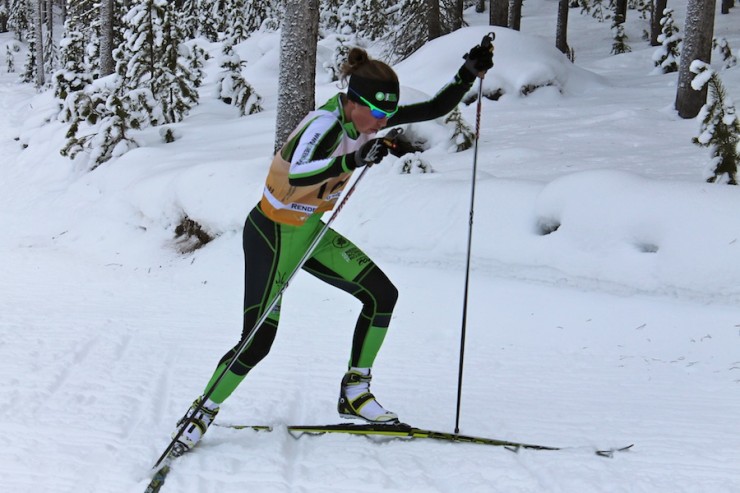Caitlin Patterson (Craftsbury Green Racing Project) races to second in Saturday's 10 k freestyle individual start on the final day of the West Yellowstone SuperTour.