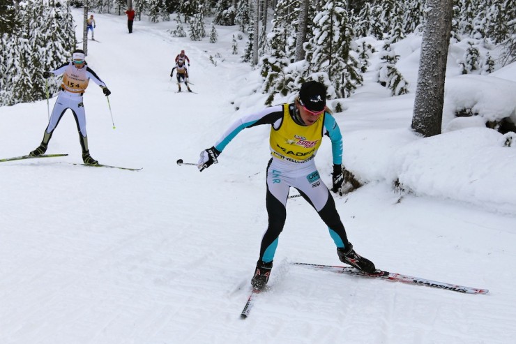 Caitlin Gregg (Madshus/Team Gregg) gets ahead of the pack the second time up Tele Hill at the Rendezvous Ski Trails in West Yellowstone, Mont.