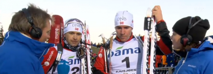 Sprint winner Emil Hegle Svendsen (2nd from right) and Norwegian teammate Ole Einar Bjørndalen (2nd from left) are intereviewed by NRK commentators in Sjusjøen.