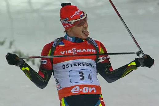 Ondrej Moravec of the Czech Republic celebrating as he crossed the finish line in Ostersund. His team of Veronika Vitkova, Gabriela Soukalova, and Zdenek Vitek won the opening World Cup mixed relay.