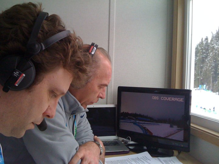 Chad Salmela and Al Trautwig prepare for a biathlon event in a booth overlooking the stadium during the Vancouver Games in 2010. (Photo: Chad Salmela)