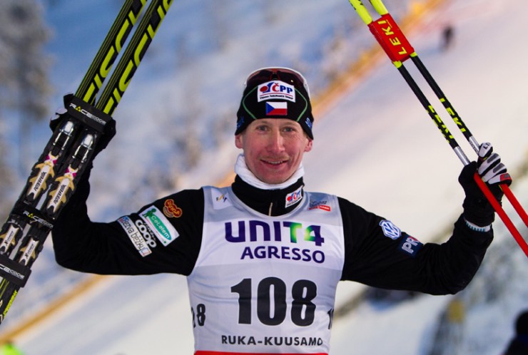 Lukas Bauer (CZE) celebrates his win.  Photo: Fischer / Nordic Focus.