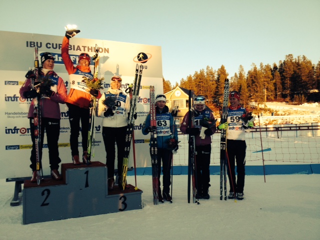 Megan Imrie (far right) at the podium ceremony for the women's 7.5 k sprint in Idre, Sweden. Imrie placed sixth in the IBU Cup openers. Photo courtesy of Imrie.