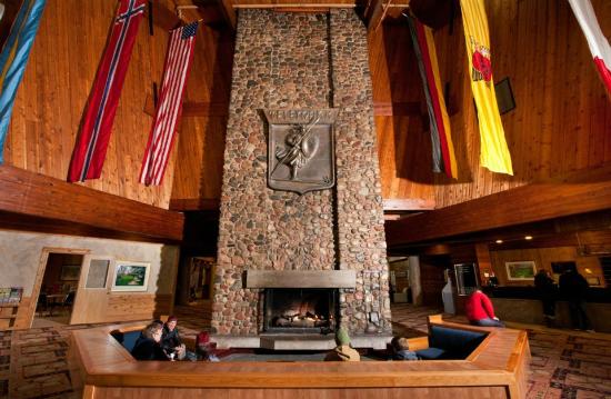 Telemark Lodge's grandiose fireplace, centrally located in its lobby. The lodge reportedly needs some major renovation and has been closed since last winter. (Photo: TripAdvisor)