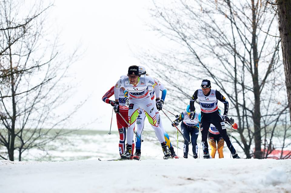 Canadian Alex Harvey leads Andy Newell of the U.S. (r) and some others up a climb on the 1.65 k course in Asiago, Italy, during Sunday's classic team sprint. Neither Canada nor the U.S. advanced out of the semifinal after placing fifth and sixth, respectively. (Photo: Cross Country Canada/Nordic Focus)