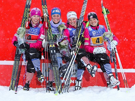 ThE US Women after capturing third in the 4x5 k relay. Photo: Fischer/Nordic Focus
