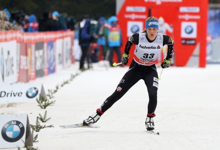 Jessie Diggins (U.S. Ski Team) on her way to tying a World Cup career best of fifth in Saturday's 3 k freestyle prologue at Stage 1 of the Tour de Ski in Oberhof, Germany. She placed 18th in Sunday's freestyle sprint for 14th overall in the Tour through two stages. (Photo: Marcel Hilger)