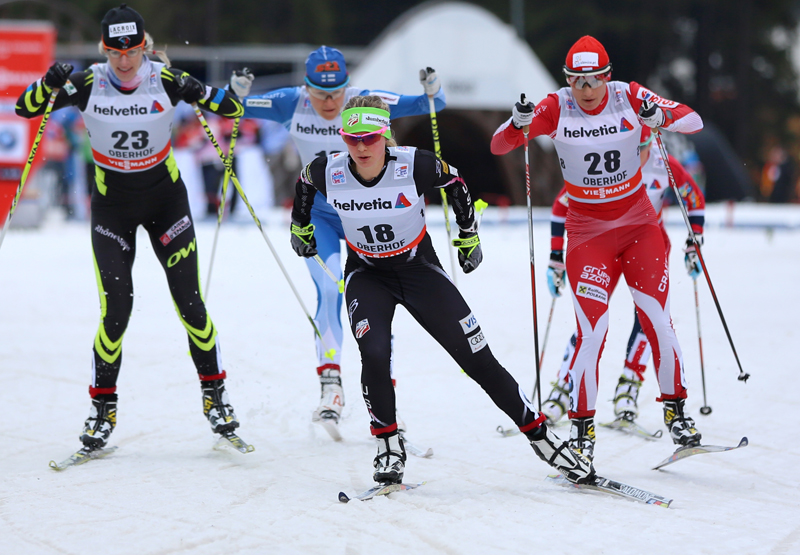 Jessie Diggins (U.S. Ski Team) racing in the quarterfinals of Sunday's sprints. (Photo: Marcel Hilger) 