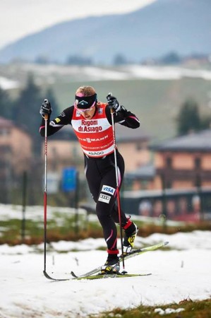 Kikkan Randall (US SKi Team) racing to 27th in the 1.25 k classic sprint qualifier at the Asiago World Cup in Italy. She went on to place fourth in her quarterfinal for 20th overall. (Photo: Fischer/Nordic Focus)