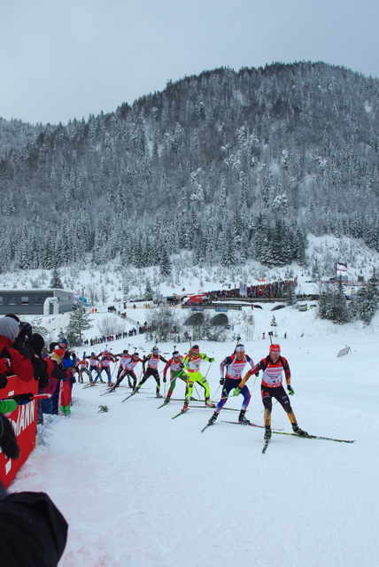 U.S. scramble leg Lowell Bailey racing in the pack of Saturday's 4 x 7.5 k relay at the IBU World Cup in Hochfilzen, Austria. The U.S. men went on to place 11th.