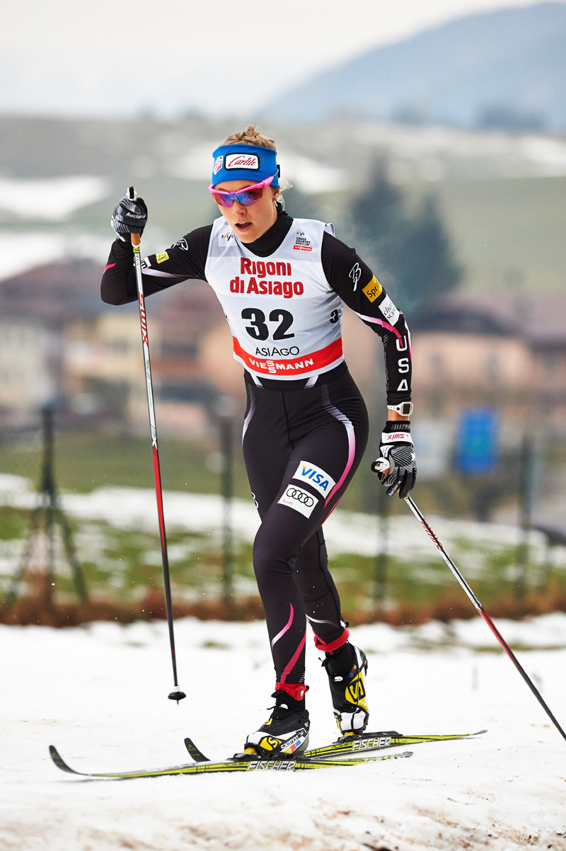 Sadie Bjornsen (US Ski Team) qualified in fifth in the World Cup 1.25 k classic sprint in Asiago, Italy. She went on to finish fourth in her quarterfinal for 16th overall. (Photo: Fischer/Nordic Focus)