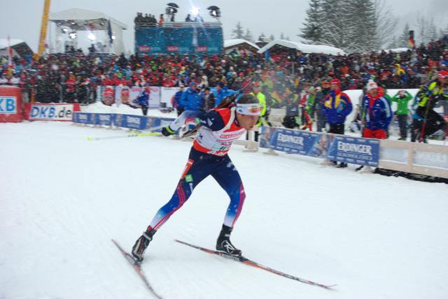 US Biathlon's Tim Burke pushing as the second legs of the U.S. men's relay at the IBU World Cup in Hochfilzen, Austria. The Americans went on to place 11th.