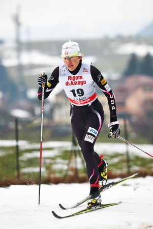 Sophie Caldwell (US Ski Team) qualifying in 25th in the World Cup 1.25 k classic sprint in Asiago, Italy. She went on to place fifth in her quarterfinal for 24th overall. (Photo: Fischer/Nordic Focus)