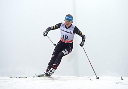 Sophie Cladwell (U.S. Ski Team) racing in the qualification rounds. She now sits in 13th in the overall Tour rankings. (Photo: Fisher/Nordic Focus) 