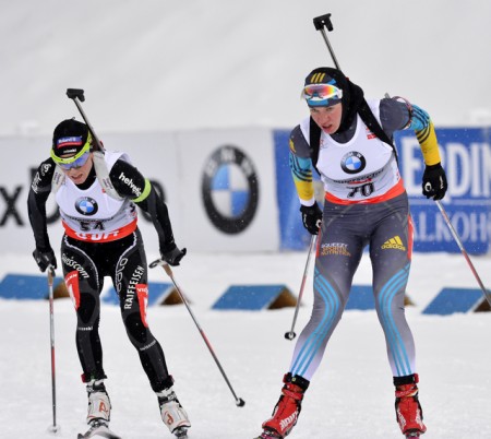 Selina Gasparin of Switzerland (left) on the way to victory in Hochfilzen, Austria, today. Photo: Ross Burton/Biathlon News International.