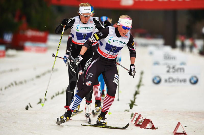 Kikkan Randall (US Ski Team) leads Laurien Van Der Graaff during the women's 6 x 1.25 k classic team sprint final on Sunday at the World Cup in Asiago, Italy. Randall's team, USA I, went on to place fifth, Switzerland was seventh and USA II was eighth. (Photo: Fischer/Nordic Focus)