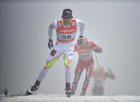 Alex Harvey racing to first in the men's 4.5 k freestyle prologue on Saturday, the first of seven stages in the 2013/2014 Tour de Ski. His teammate Devon Kershaw (not shown) placed second to make for a historic 1-2 finish for Canada. (Photo: Fischer/Nordic Focus)