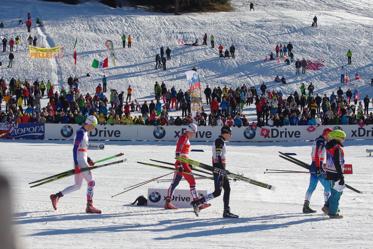 Britain's Andrew Young (left) follows his competitors to the start of his quarterfinal heat in this weekend's World Cup sprint: (r-l) Olympic team sprint bronze medalist Alexey Petukhov of Russia; Andy Newell of the U.S. Ski Team; and three-time World Cup winner Eirik Brandsdal of Norway.