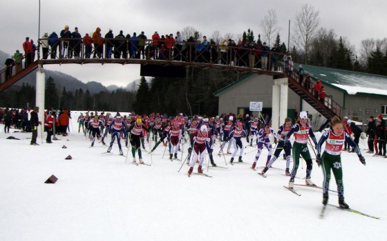 The women's EISA field starts a race at Mount Van Hoevenberg in 2010. Leading are Ida Sargent (USST/Craftsbury) and Rosie Brennan (APU), then racing for Dartmouth College. Lake Placid is an important venue for developing racers.