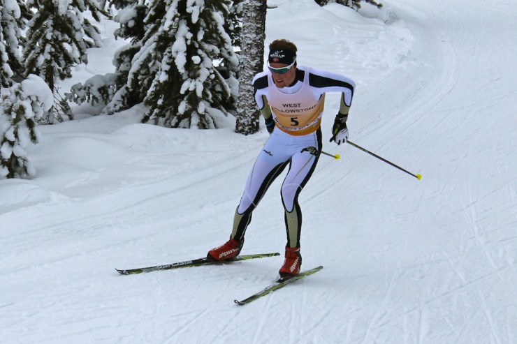 Mads Strøm (University of Colorado) starting his first of three times up Tele Hill in the SuperTour 15 k freestyle individual start on Saturday in West Yellowstone, Mont. Strøm won the race by more than 14 seconds.