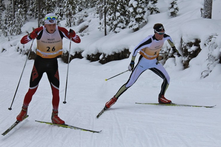 Mads Strøm, a Norwegian freshman at the University of Colorado (r), passes Moritz Madlener (University of Denver) on Tele Hill during Saturday's SuperTour 15 k freestyle individual start in West Yellowstone, Mont. Strøm won the race by more than 14 seconds.