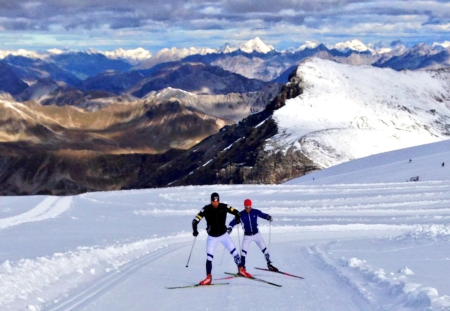  Sam Tarling and teammate Welly Ramsey skiing on the Stelvio Glacier in September. (Photo: Will Sweetser)