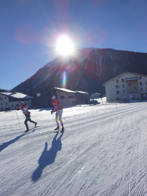 Canadians Devon Kershaw (l) and Lenny Valjas do some easy skiing on Friday in preparation for the World Cup weekend.