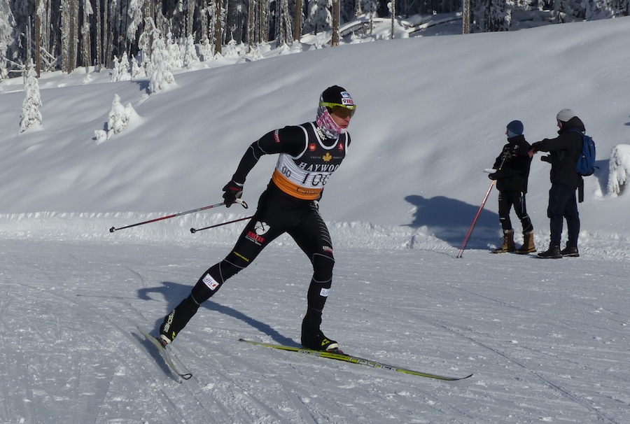 Matt Liebsch (XC United/Team StrongHeart) racing to second in the Sovereign Lake NorAm 15 k freestyle on Saturday. He finished 3.3 seconds behind winner and friend Brian Gregg (Madshus/Team Gregg) and Graham Nishikawa was the top Canadian in third. 